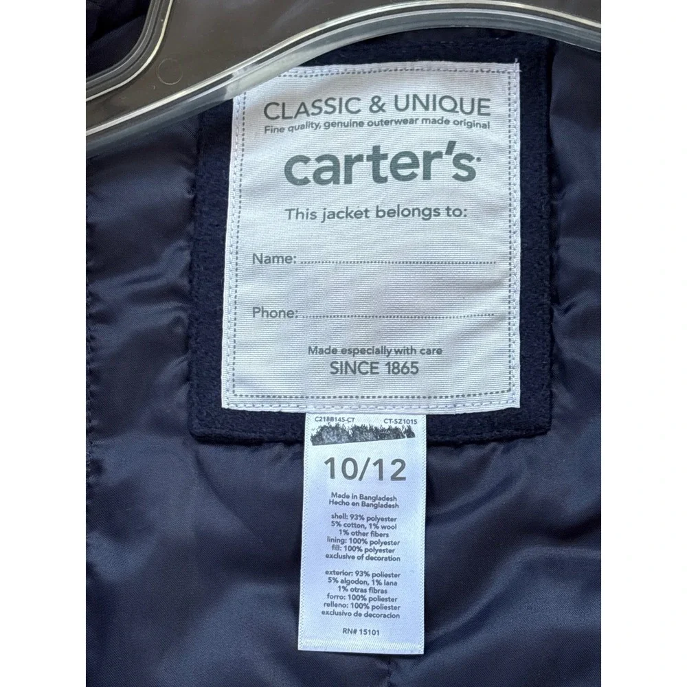Carters Kids Navy Blue Wool Blend Hooded Duffle Coat Toggle Jacket 10/12